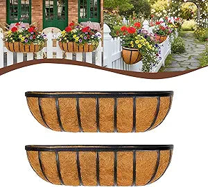 2 Pcs 36 Railing Planter Window Box Deck Railing Planter Boxes with Coco Liner English Horse Trough Planters Metal Wall-Mounted Planters Basket for Outdoor Balcony Porch Fence Patio Rail