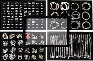 5 Pcs/set Stackable Jewelry Organizer Trays,Rings Necklaces Earrings Bracelets Display Storage Trays Holder with Glass Lid (Black Velvet)