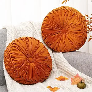 Beeveer 2 Pcs Round Throw Pillows 15 Inch Decorative Velvet Pleated Pumpkin Pillows Boho Floor Pillow with Center Button for Living Room Couch Chair Bed Sofa Home Decoration (Orange)