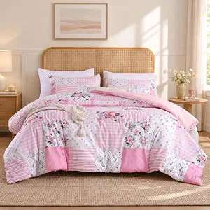 YIKUSH Pink Floral Queen Comforter Set, Soft Lightweight All Season Bedding Set for Women Girls, Cozy Cottagecore Botanical Comforter Queen Size with 2 Pillow Shams, Breathable Floral Bed Set