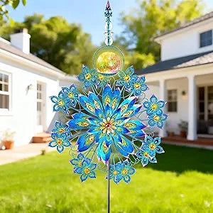 Kircust Large Solar Wind Spinner with Glass Ball - Peacock Themed Kinetic Garden Art, Dual Spinning Metal Decor for Outdoor Yard, Lawn, or Patio in Elegant Peacock Blue