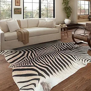Zebra Rug 4.6x5.2 ft Area Rugs Beige and Brown Rug Funky Area Rugs for Bedroom Living Room Dining Room Kitchen Bathroom Animal Rug Non-Slip-No Fur