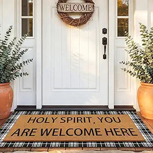 Tinideya 2 Pcs Long Christian Layered Outdoor Welcome Doormat 47"x17" Plaid Layering Rug with Holy Spirit You are Welcome Here Bible Verse Non Slip Door Mats for Front Porch Entryway Home Decor