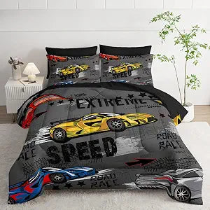 7 Piece Race Car Comforter Set with Sheets Queen BedRace Car Queen Bedding Sets for Boys(1 Comforter, 1 Flat Sheet, 1 Fitted Sheet, 2 Pillowcase and 2 Pillow Sham)
