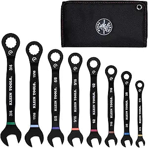 KLEIN TOOLS 69408G Ratcheting Combination Wrench Set, SAE, 8-Piece, 5/16 to 3/4-Inch, Steel Alloy, Foam Pouch, 90-Tooth