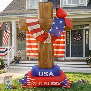 OurWarm 8 FT 4th of July Inflatables Outdoor, Vintage Patriotic Inflatables Cross with Cardinal American Flag & Stars, Fourth of July Inflatable with LEDs for Yard Lawn 4th of July Decorations Outdoor