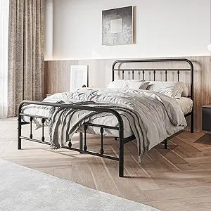 Vintage Full Size Bed Frame with Headboard and Footboard Mattress Heavy Duty Metal Platform, Steel Slat Support (Full, Black Sanded)