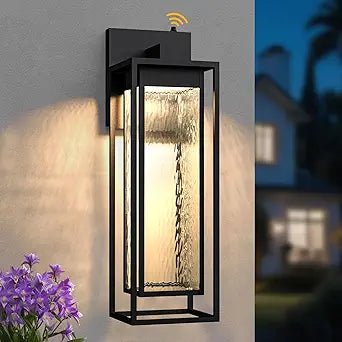  Extra Large Dusk to Dawn LED Outdoor Light, Black Front Door Light, Rippled Glass Wall Sconce Waterproof Exterior Lighting Fixtures, Outdoor Lights for House Garage Patio