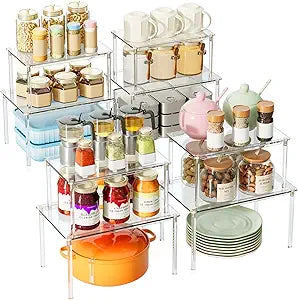 VZZNN 8 Pack Stackable Acrylic Cabinet Organizer Shelf (Transparent) - Detachable Desk Organizer Shelf for Storage of Spices, Office Desktop, Kitchen Storage Room Decor