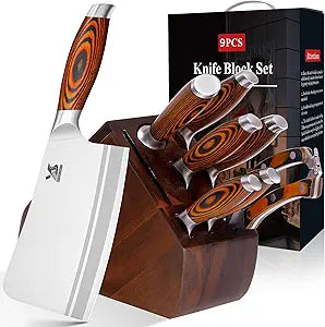 MSY BIGSUNNY 9pcs Knife Block Set, German Steel Kitchen Knife Set with Bone Chopper, Precious Pakkawood Handle for Chef Knife Block Set
