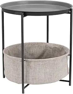 Amazon Basics Round Storage End Table, Nightstand for Bedroom or Living Room, Easy Assembly, with Cloth Basket, Charcoal/Heather Gray, 17.7 x 17.7 x 18.9 in
