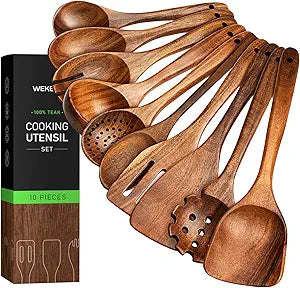 Wooden Utensil Set, 10 Pcs Natural Teak Wooden Spoons & Spatula for Cooking, Non Toxic Kitchen Utensils Set, Easy to Clean, Durable, Ergonomic, Kitchen Essentials for New Home, Gifts for Women