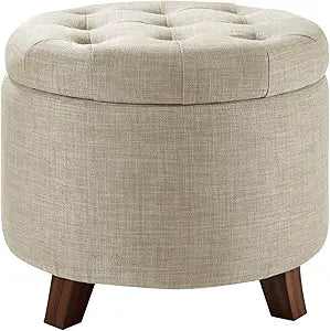 Amazon Basics Round Storage Ottoman Foot Rest, Button Tufted Upholstered Footstool with Storage, Sturdy Linen Fabric for Living Room and Bedroom, 20" x 17", Beige