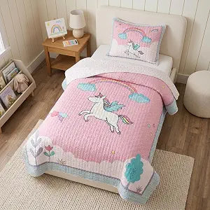 Soul & Lane - Pink Unicorn Quilt Set, Girls Bedding, Twin with 1 Sham