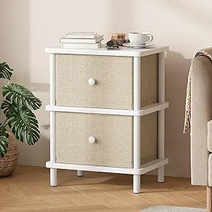 Apicizon Nightstand with 2 Storage Drawers, Boho Side Table with Solid Wood Legs, End Table for Small Spaces, Bedroom, Living Room, Entryway, White
