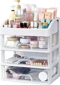 Makeup Organizer with 3 Drawers Plastic Storage for Vanity Cosmetic Display Cases Large Capacity Bathroom Countertop Plastic Storage for Skin Care Products(Arc Type)
