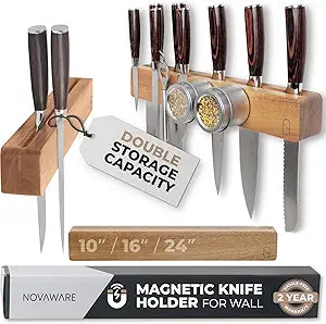 Premium 16 inch Magnetic Knife Holder for Wall with 2x Storage & Charming Wood - Knife Magnetic Strip, Under Cabinet Magnet Knives Storage - Magnet Strip Rack Kitchen Utensil Holder Organizer Tool