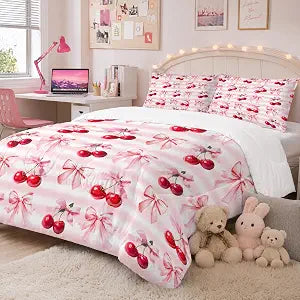 Cherry Bow Comforter Set Twin Size Pink Fruits Bedding for Kids Princess Girls Women Kwaii Bowknot Aesthetic Ribbon Bedroom Decor Cute Quilt Bed Sets, 1 Comforter 1 Pillowcase