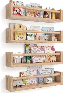 Seocry Nursery Book Shelves, 4 Pack, Wall Book Shelves for Kids Room, Baby, Toddler, Nursery Decor (Wood, 16.5 Inches)