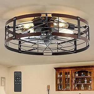 ZYD 20" Caged Ceiling Fan with Light, Farmhouse Cieling Fan with Quiet DC Motor, Rustic Metal Cage with Wood Grain Accent, Ideal for Bedroom, Living Room, Kitchen, Dining Room, Cafs, Restaurants