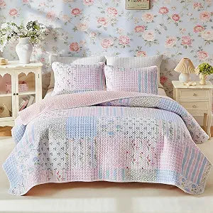 Joyreap 3pcs Floral Quilt Set Queen, Blue Pink Plaid Flowers Patchwork Design, Lightweight Cozy Microfiber Bedspread Coverlet for All Season- 90x90 inches