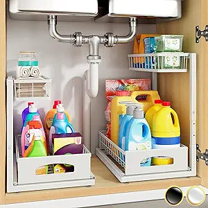 Under Sink Organizer, 2 Pack Cabinet Organizer for Kitchen, Height Adjustable Pull Out Heavy Duty 2 Tier Metal Under Sink Storage for Bathroom Pantry (White, 2 Pack)