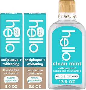 hello Antiplaque Whitening Toothpaste and Clean Mint Mouthwash Bundle Pack