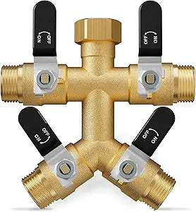 4 Way Hose Splitter, Heavy Duty Brass Garden Hose Splitter, Water Hose Bib Spigot Splitter with 0.59" Full Flow Ball Valve Outlet & Shut-Off Valve 3/4'' Connector Outdoor Water Faucet Adapter