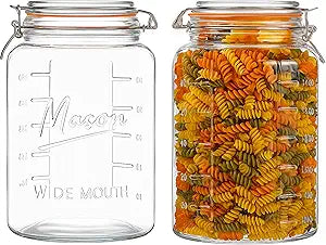 kitchentoolz 1 Gallon Glass Mason Storage Jars with Airtight Lids & Measurment Marks, Super Wide Mouth Canning Jars with Large Capacity for Pickles, Water Glassing & Overnight Oats - 2 Pack