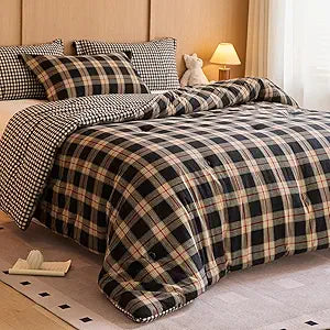 100% Cotton Comforter Set Queen Size  Reversible Yarn-Dyed Checkered Design, Soft Washed Cotton on Both Sides, Lightweight All-Season Bedding, Machine Washable(Black Red Plaid, 90x90)