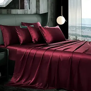 Manyshofu Burgundy Satin Cal King Sheet Set, Silky Soft 7 Piece Bedding