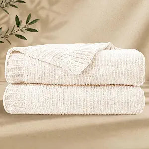 Chenille Throw Blanket for Couch, Cozy Soft Blanket Lightweight Decorative Throw for Living Room Sofa Chair, Stylish Home Decor, Ideal for Gifting, Ivory 50"x60"