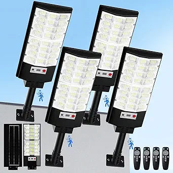 Solar Street Lights Outdoor 4-Pack, 12000LM 6500K Waterproof LED Motion Sensor Solar Flood Light, Dusk to Dawn Outdoor Lighting with Remote, Solar-Powered Commercial Area Lighting for Parking Lot Yard