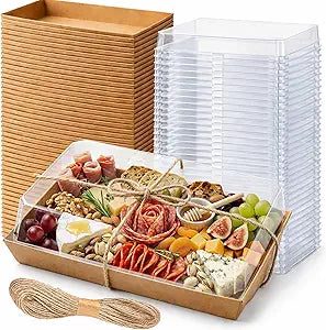 50 Pack 10x6 Inches Large Charcuterie Boxes with Clear Lids - Individual To Go Paper Mini Charcuterie Boards with Lid, Disposable Food Containers for Desserts, Cookie, Charcuterie Accessories (Brown)