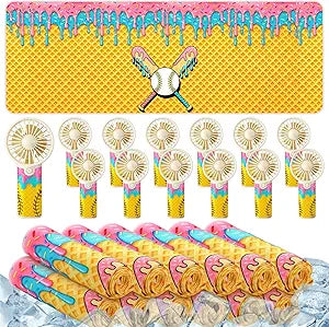 Mindsoft 24 Pcs Ice Cream Drip Baseball Cooling Towels 40"x12" Workout Towel and Portable Mini Handheld Cooling Fans for Team Gift Baseball Sport Enthusiasts Birthday Party Favors, Battery Not Include