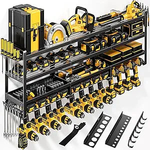 POKIPO 49" W Large Power Tool Organizer Wall Mount, 4 Layer Heavy Duty Loads 800 lbs, Tool Storage Rack Holds 12 Cordless Drills, Large Capacity Battery Holder for Garage, Gift for Men