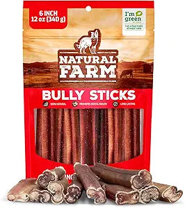 Natural Farm Bully Sticks, Odor-Free, (6 Inch, 12 Ounces), Packaged by Weight, 100% Beef Pizzle Chews, Grass-Fed, Fully Digestible Treats to Keep Your Puppies, Small and Medium Dogs Busy