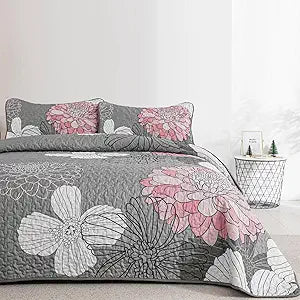 Anibedding 3Pieces King Size Floral Printed Quilt Set, Pink Boho Lightweight Oversized King Bedspread Set with 2 Pillowcases for Bedroom All Season
