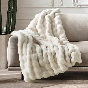 Luxury Ultra Soft Faux Fur Throw Blanket, 50x60 Inches Fluffy Plush Thick Bubble Blanket for Couch and Sofa, Premium Velvet Cozy Lola Fuzzy, 1000 GSM (Cream White)