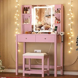Vanity Desk with Mirror and LED Lights, Small Makeup Vanity Table Set with Drawers and Chair, Dressing Table with Power Outlet for Girls Bedroom, Pink