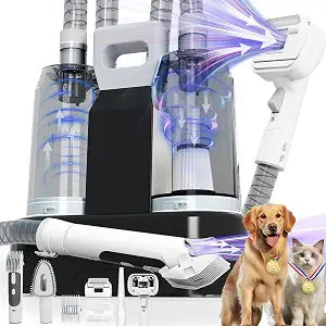 FOTING Dog Grooming Vacuum & Dryer Kit, 2.1L Double Dust Cup 10000pa Dogs Vacuums for Shedding Grooming, 6 in 1 Grooming Tools Cleaning, Low Noise Pet Grooming Vacuum for Dogs, Black