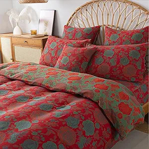 FADFAY Double Gauze 100% Cotton Floral Duvet Cover Sets Queen Luxury Rose Pattern Comforter Cover Shabby Vintage Style Bedding for All Season Soft Breathable Reversible Bed Cover 3Pcs