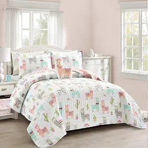 Lush Decor Southwest Llama Cactus Quilt, 3 Piece Set, Twin, White & Blush - Cute Kids Reversible Print Toddler Bedding Set