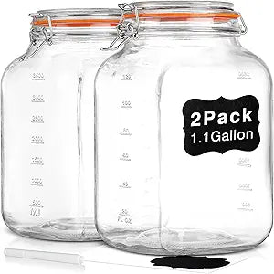 [UPGRADE] 2 Pack Square Super Wide Mouth Airtight Glass Storage Containers with Lids, 1.1 Gallon Glass Jars with 2 Measurement Marks, Canning Jars with Leak-proof Lid for Kitchen (Spare Gasket)
