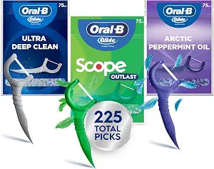 Oral-B Glide Dental Floss Picks Variety Pack with Scope Outlast, Arctic Peppermint Oil, & Ultra Deep Clean, Value Pack 225ct (75 Count per Pack, Pack of 3)