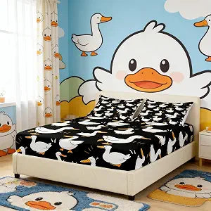 Homewish Cute Duck Fitted Sheet Full Size,Cartoon Farmhouse Livestock Animal Soft Fabric Deep Pocket Mattress Cover,Kawaii Goose Hand Drawn Black Bed Cover with 2 Pillowcases,No Flat Sheet