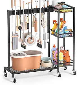 Broom Holder with Cleaning Supplies Organizer, Broom Closet Storage Cabinet with Cleaning Caddy, Cleaning Cart with Mop Hanger Gripper Rack Hooks,Janitorial Housekeeping cart,Laundry Room Organization