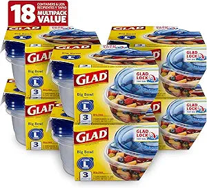 Glad GladWare Big Bowl Food Storage Containers with Lids, Large Round No BPA Plastic Containers for Soups, Salads, and Meal Prep, Lock Tight Seal, Microwave Dishwasher Safe, 48 Oz, 3 Count - 6 Pack