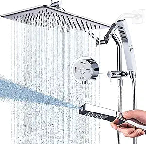 G-Promise All Metal 12 Inch Thickness Rain Shower Head with Handheld Built-in Power Wash Mode, Pause Setting 3-way Diverter, Full Body Coverage Waterfall Showerhead, Luxury Bathroom Upgrade (Chrome)