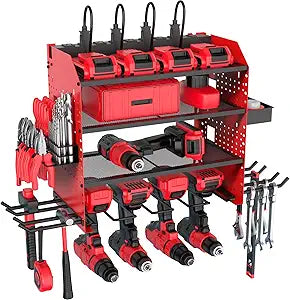 Heavy Duty Power Tool Organizer Wall Mount with Charging Station, 4 Layer Garage Storage Adjustable Shelves Height, Holds 4 Drills, 2 Hooks, Screw & Screwdriver box, Gifts for Fathers Day, Anniversary
